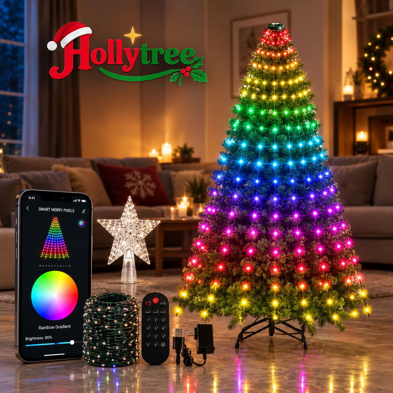 Hollytree LED curtain lights wrapped around a Christmas tree, shown with the app, remote and star topper